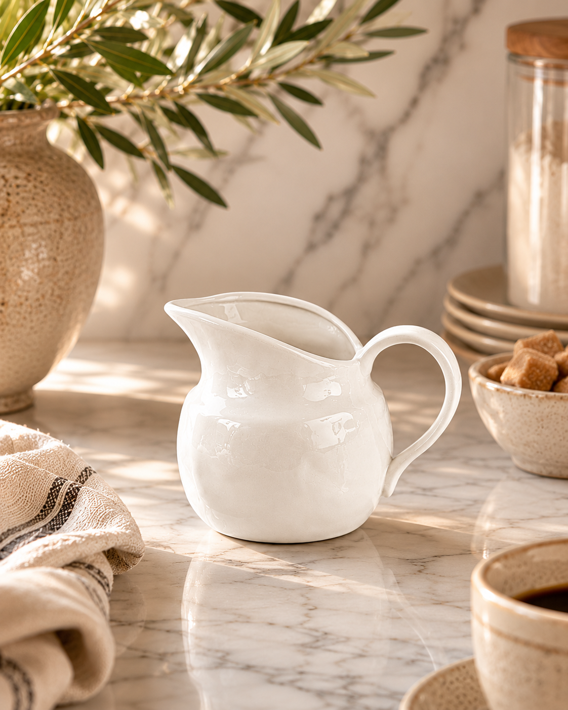 White ceramic pitcher on a marble surface with a neutral color palette