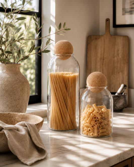 California coastal modern pantry featuring decorative glass storage jars with cork lids styled with natural textures and soft neutral decor