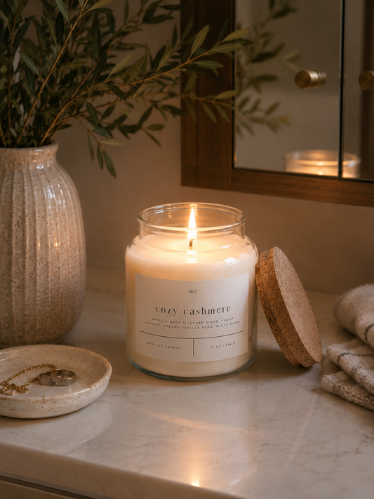 Lit Cozy Cashmere soy candle styled on a modern bathroom vanity with a cork lid, ceramic vase, greenery, and marble countertop.