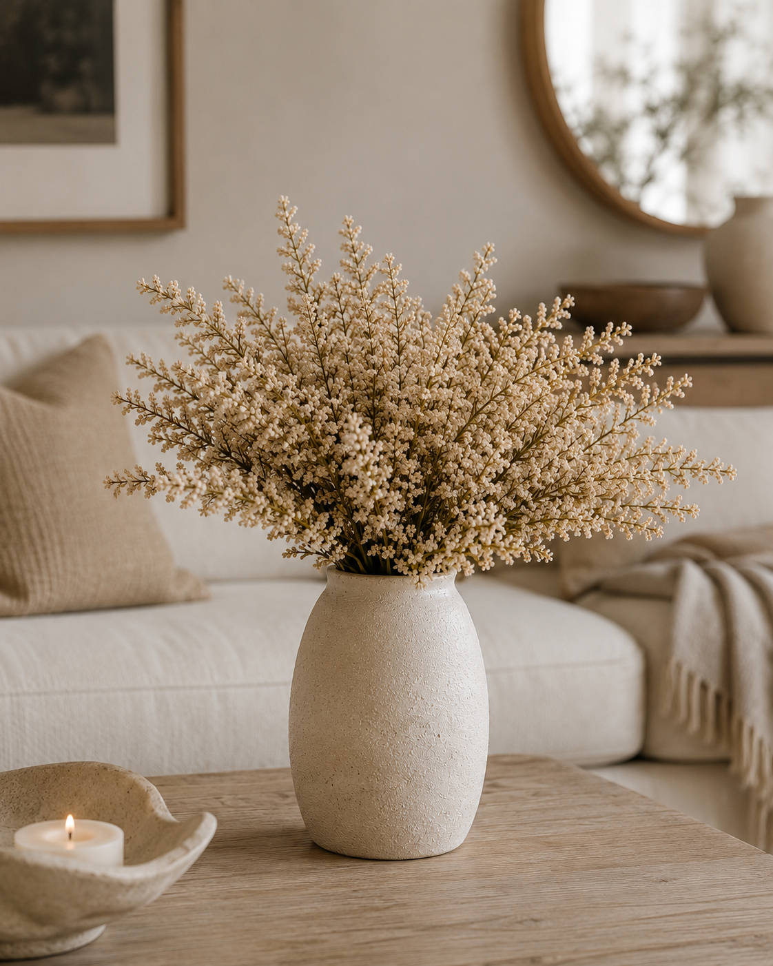 Cream faux astilbe stem displayed against a white marble studio backdrop, highlighting its realistic texture and soft neutral color 2 stems.