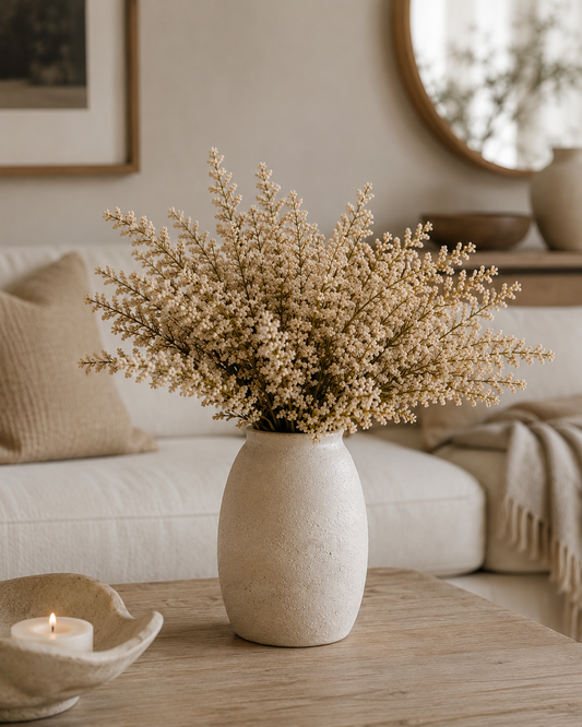 Cream faux astilbe stem displayed against a white marble studio backdrop, highlighting its realistic texture and soft neutral color 2 stems.