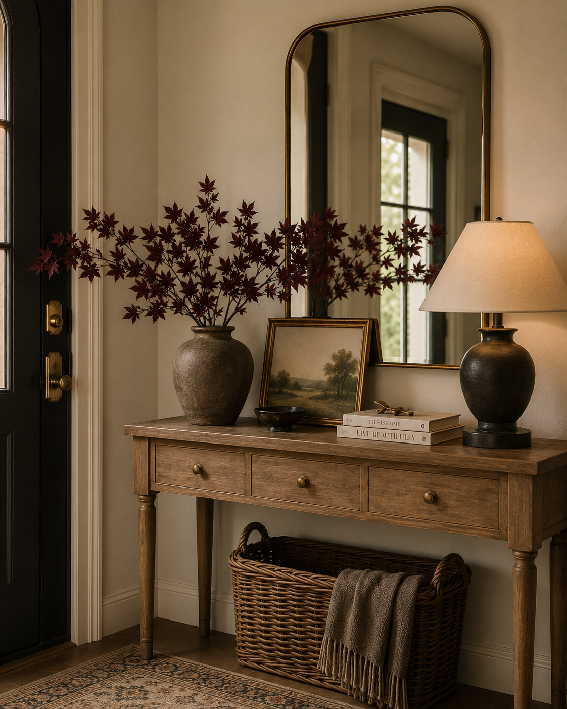 Dark red faux maple leaf stems arranged in a ceramic vase on a warm wood entryway console with a brass mirror and modern organic décor.