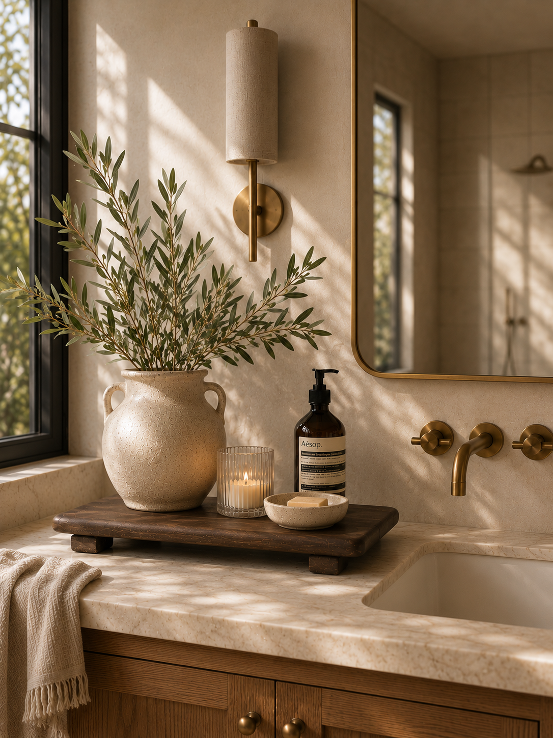 Rustic decorative wood board styled on a luxury bathroom vanity with olive branches, candlelight, stone accessories, and warm brass fixtures.