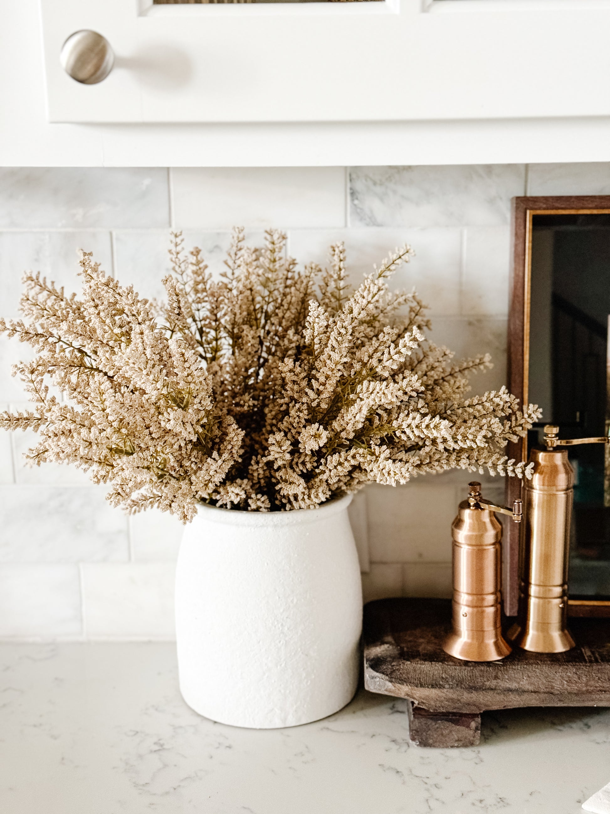 aux cream astilbe stem styled in vase with neutral fall décor - 3 stems