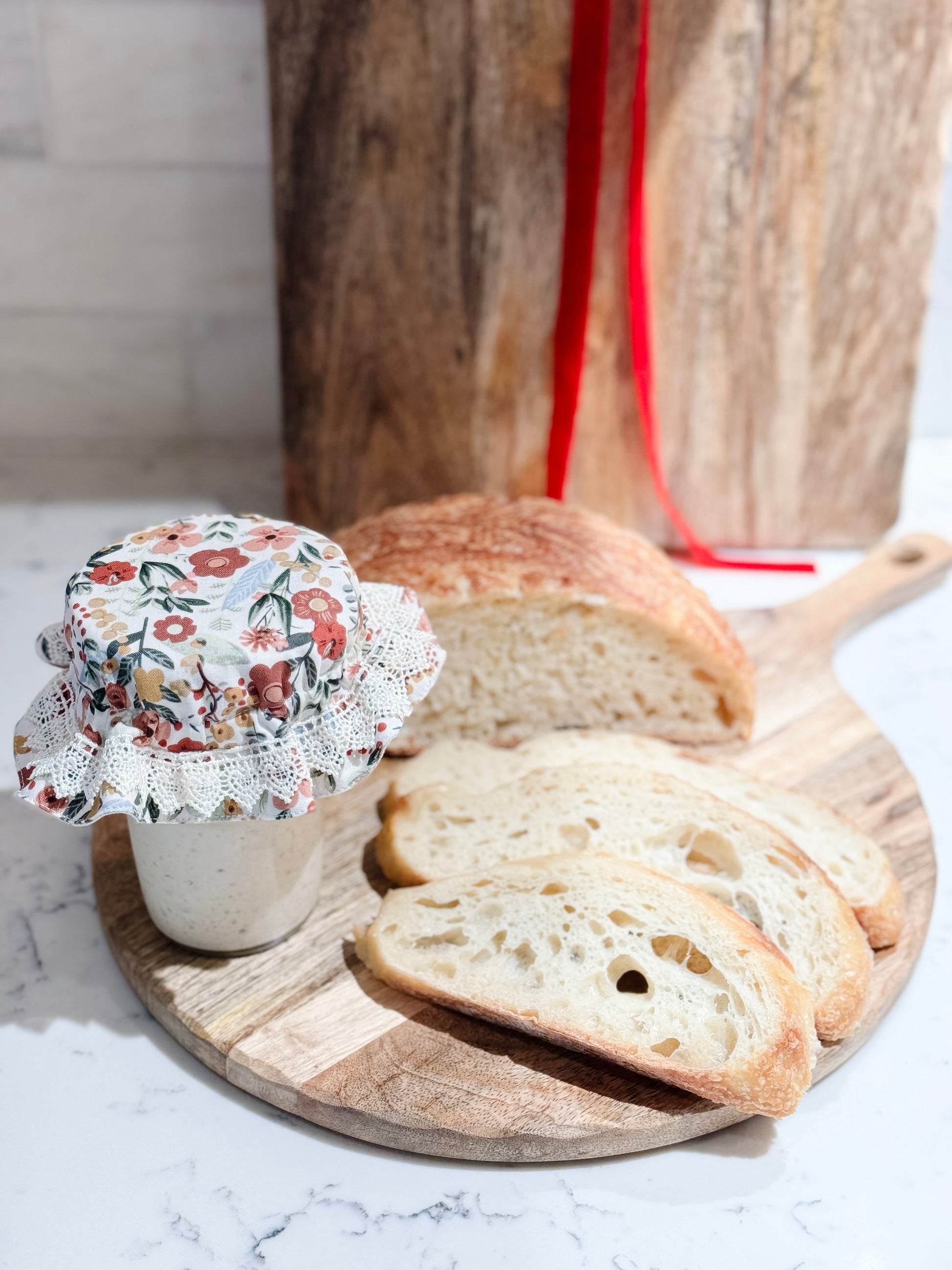 Floral cotton jar cover styled in cozy kitchen