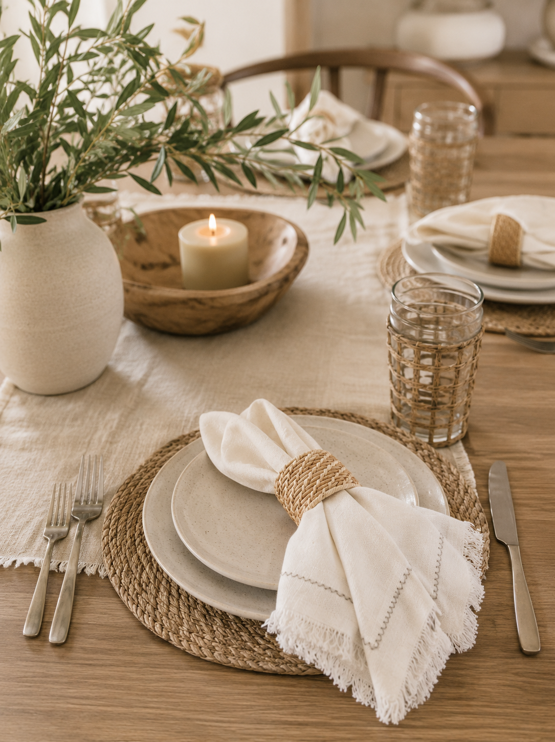 White fringed linen napkin with a woven napkin ring styled on a neutral tablescape with ceramic dinnerware, woven placemats, candles, and greenery in a modern coastal dining room.