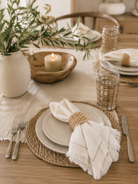 White fringed linen napkin with a woven napkin ring styled on a neutral tablescape with ceramic dinnerware, woven placemats, candles, and greenery in a modern coastal dining room.