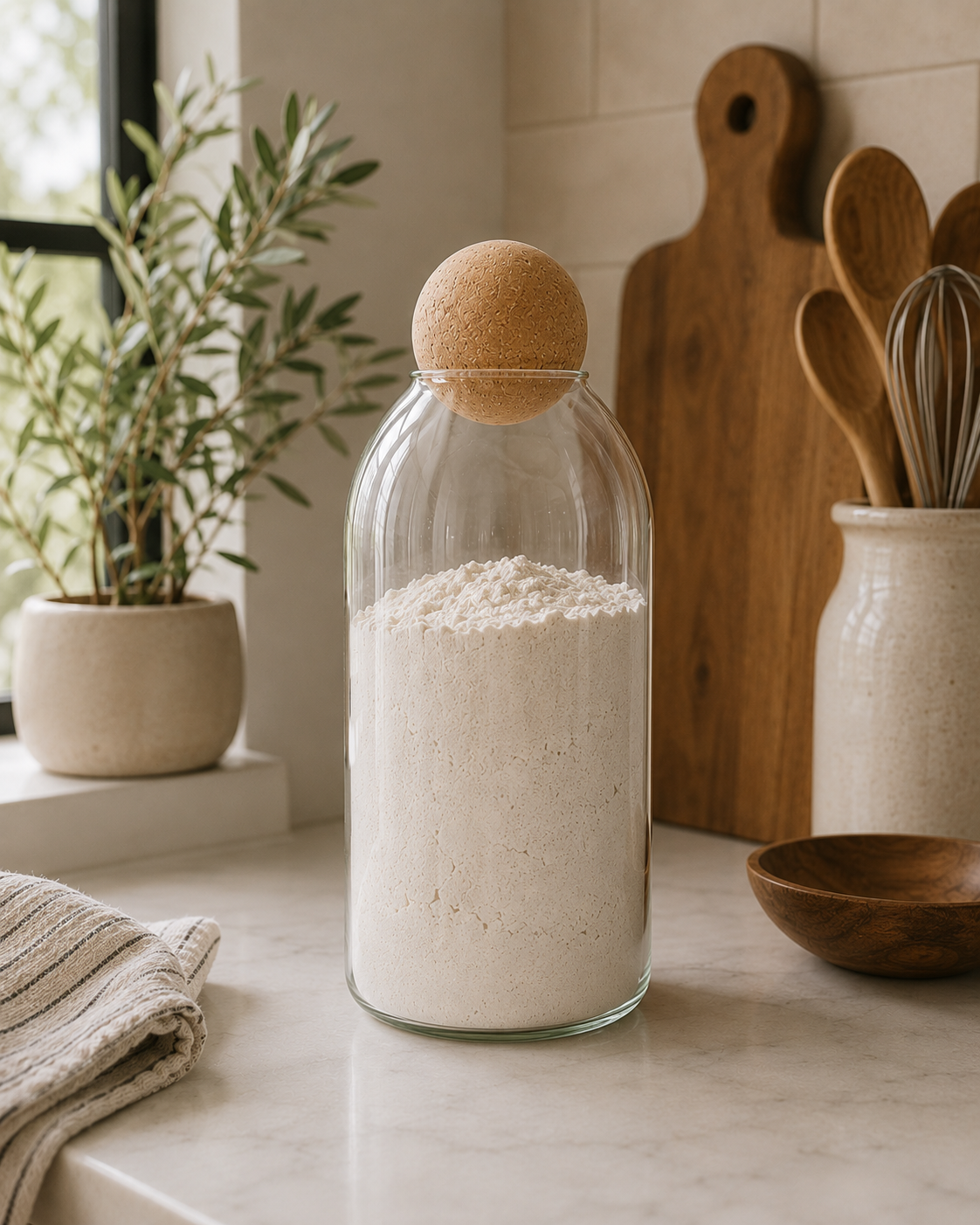 Tall glass storage jar with cork ball lid filled with flour, styled on a modern kitchen countertop with ceramic utensils, wooden cutting boards, and natural greenery.