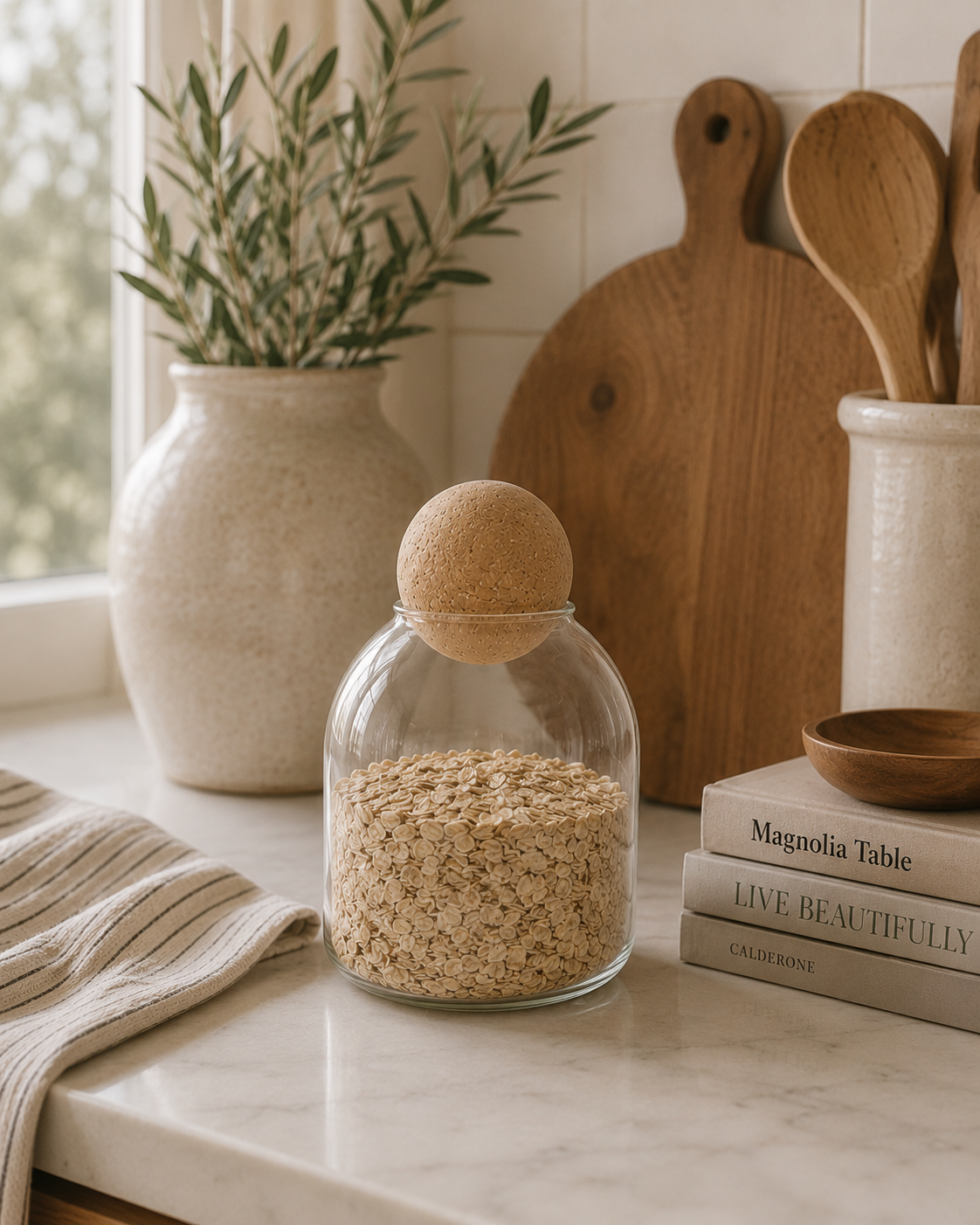 Short glass storage jar with cork ball lid filled with rolled oats, styled on a modern kitchen countertop with ceramic décor, wooden accents, and natural greenery.