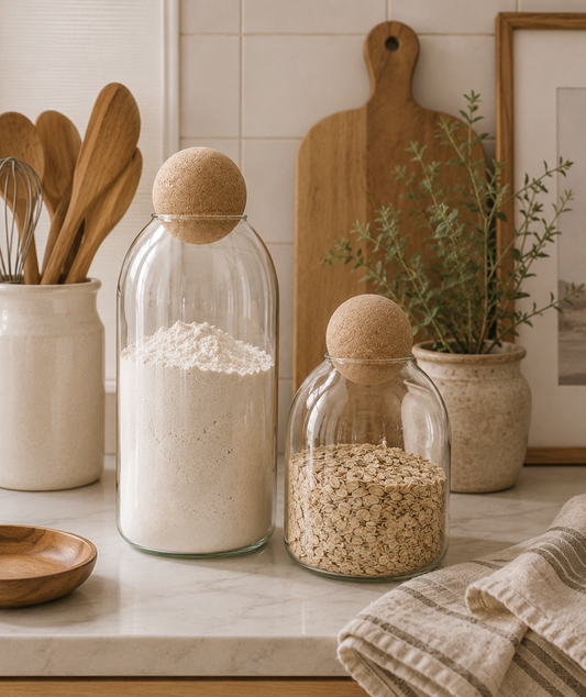 Glass storage jars with cork ball lids styled on a modern kitchen countertop with flour, rolled oats, natural wood accents, and ceramic kitchen décor.