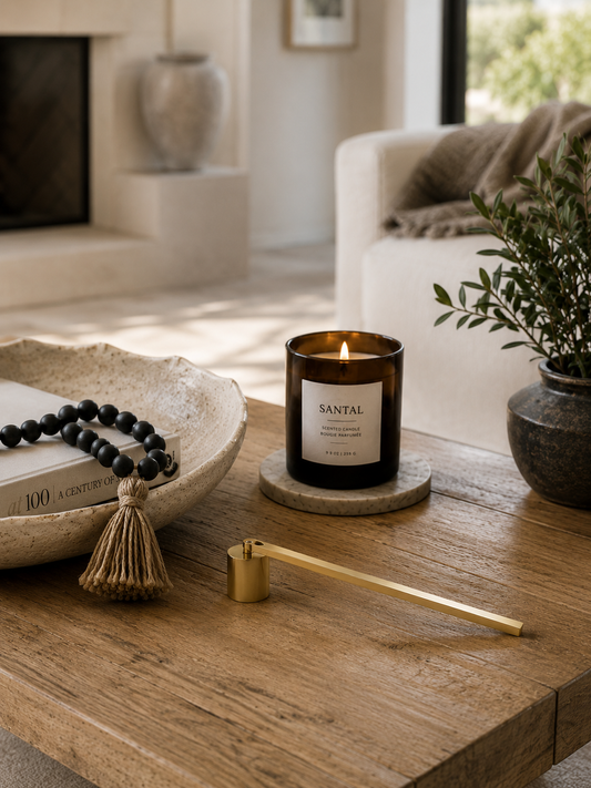 Gold candle snuffer styled on a wood coffee table beside a lit candle, decorative bowl, and greenery in a modern California-inspired living room.