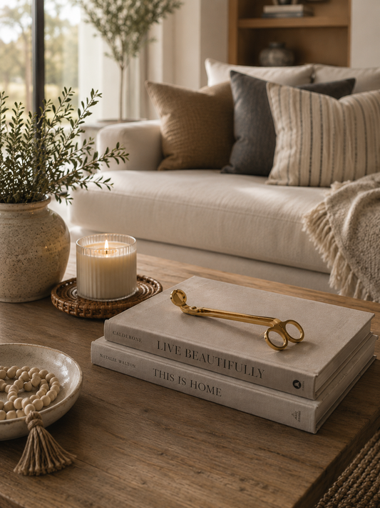 Gold candle wick trimmer styled on stacked coffee table books beside a lit candle on a wood coffee table in a modern California-inspired living room.