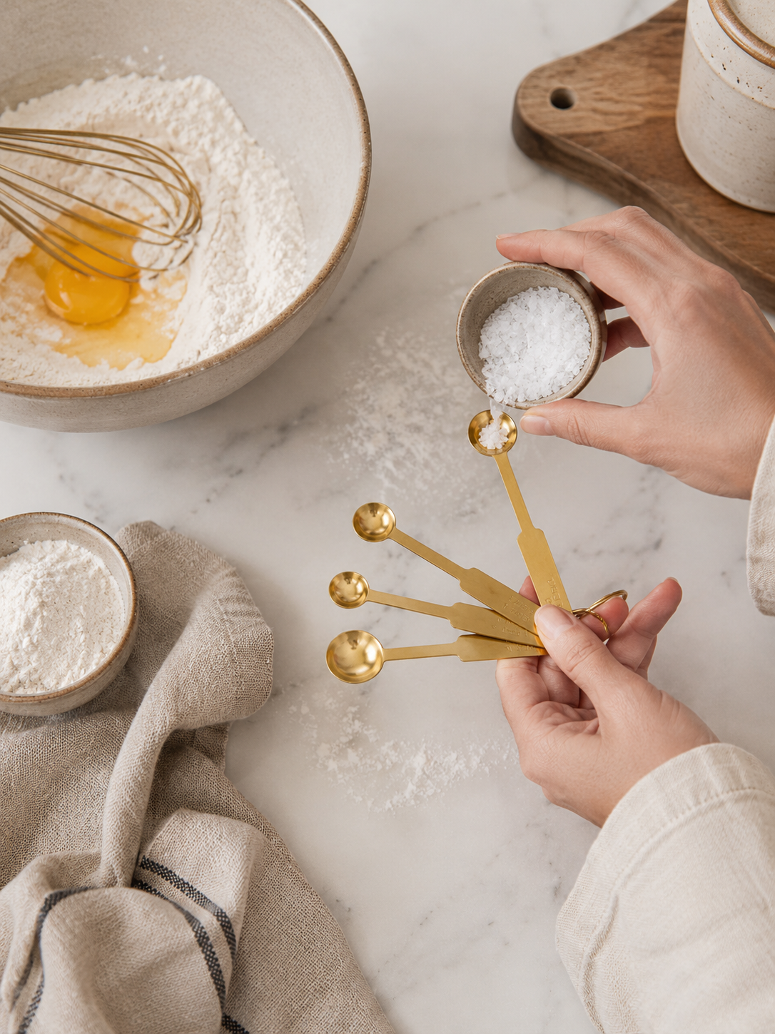 Gold stainless steel measuring spoon set being used in a warm California-modern baking scene with sea salt, ceramic mixing bowls, flour, linen textiles, and creamy ivory marble countertop.