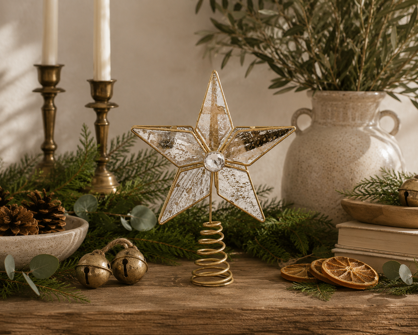 Gold mercury glass star tree topper with antiqued mirrored glass panels and crystal center styled on a reclaimed wood console with cedar greenery, brass candlesticks, pinecones, dried orange slices, and designer-inspired Christmas décor.