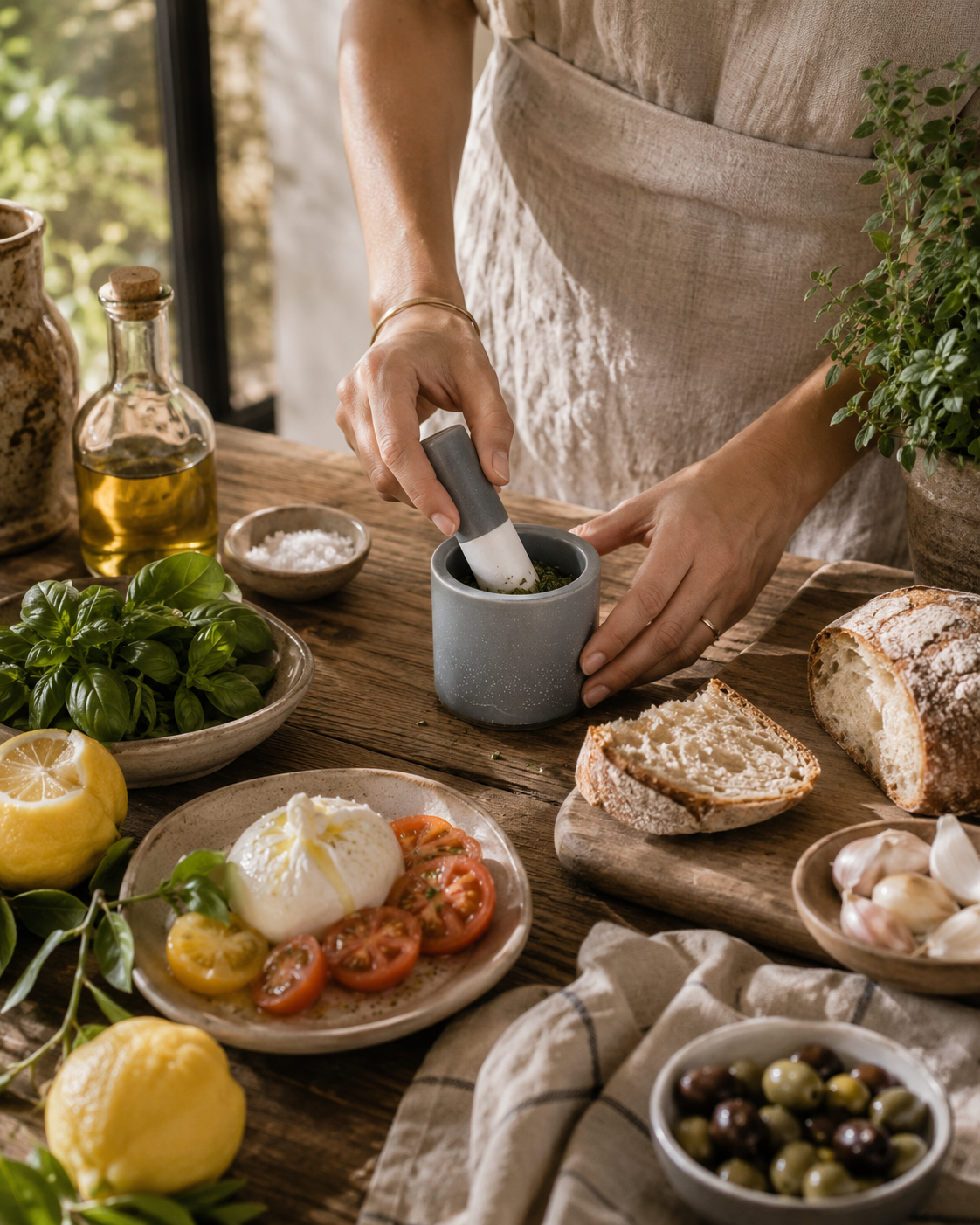 Petite gray ceramic mortar and pestle being used to prepare fresh basil pesto on a rustic wood table surrounded by lemons, burrata, olives, artisan bread, and layered California coastal hosting decor.