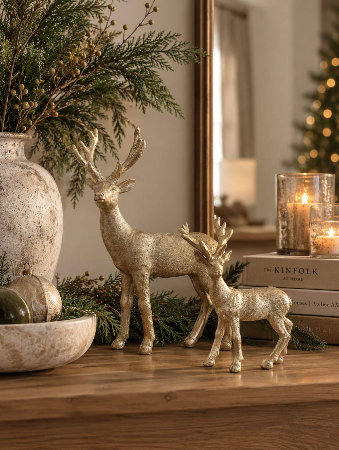 Two champagne gold reindeer figurines styled on a warm wood console table with natural greenery and neutral Christmas accents.
