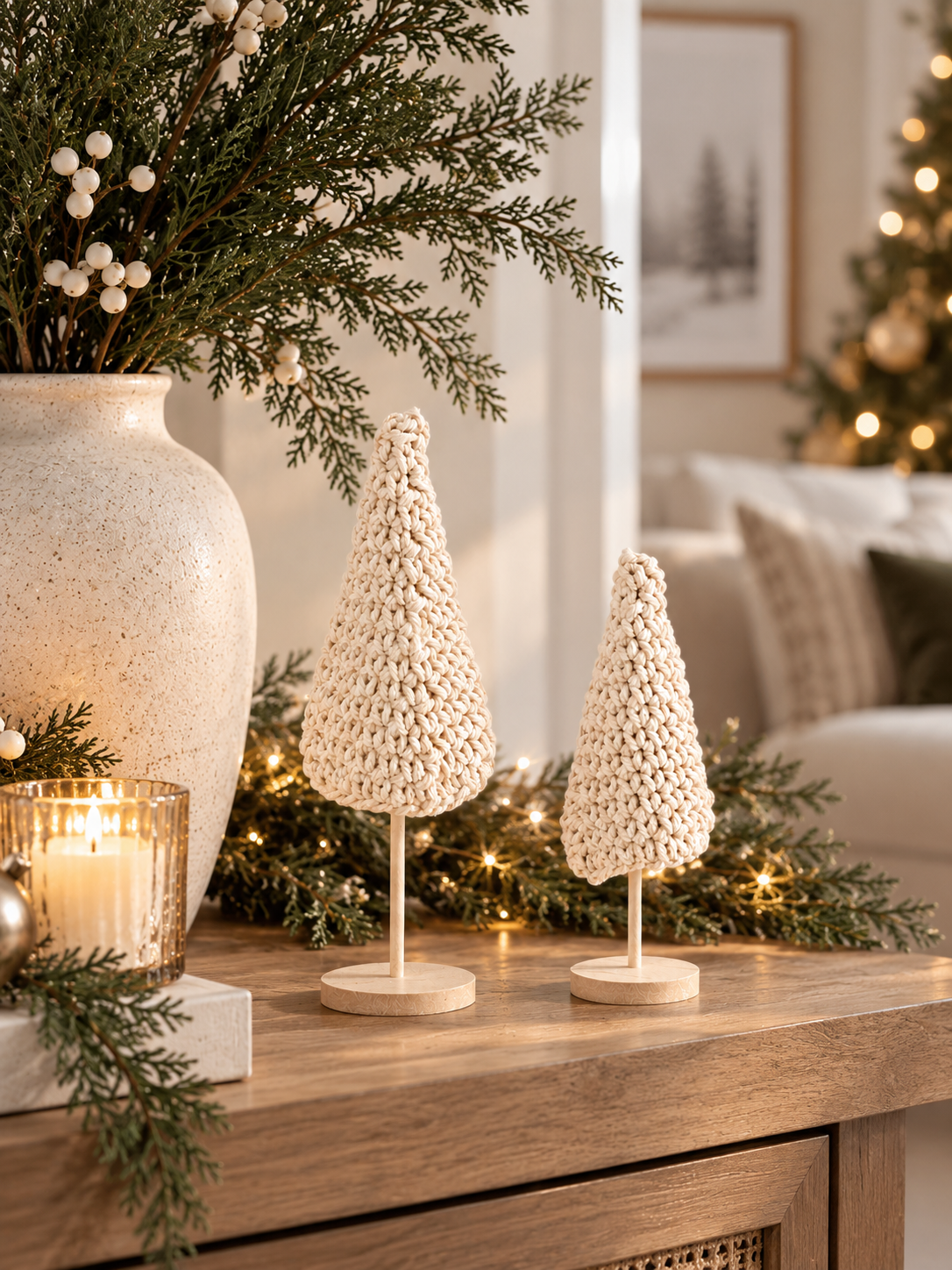 Cream hand-crocheted Christmas trees on wood stands styled with evergreen garland and neutral holiday décor.