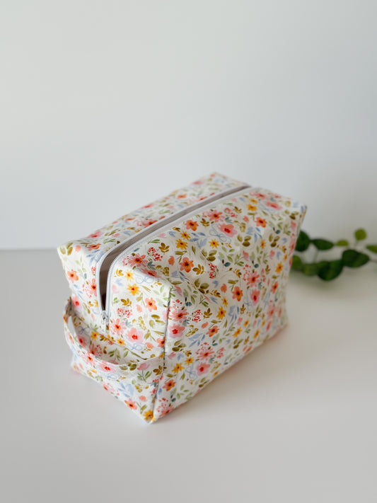 Handmade floral quilted 100 % cotton makeup and toiletry bag from our Petal and Posies  Collection