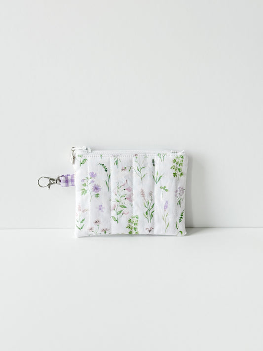 Handmade Lavender Meadow Coin Purse featuring a lavender floral quilted cotton pattern