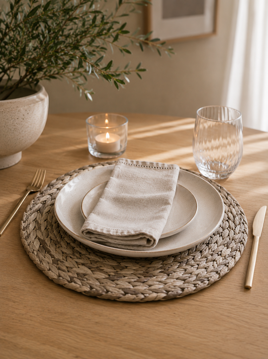 Handwoven water hyacinth placemat styled with neutral dinnerware on a modern organic dining table.