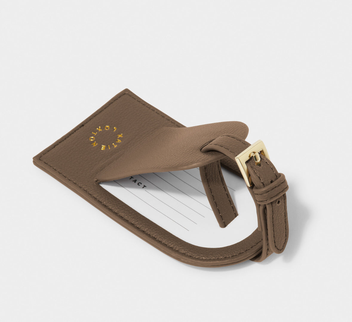 Back view of the Katie Loxton Jet Set Go luggage tag in Taupe showing the concealed personal information card.
