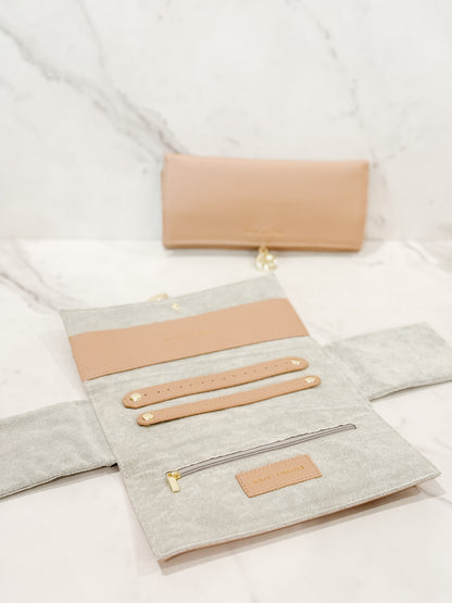 Katie Loxton jewelry travel pouch vegan leather in color soft tan