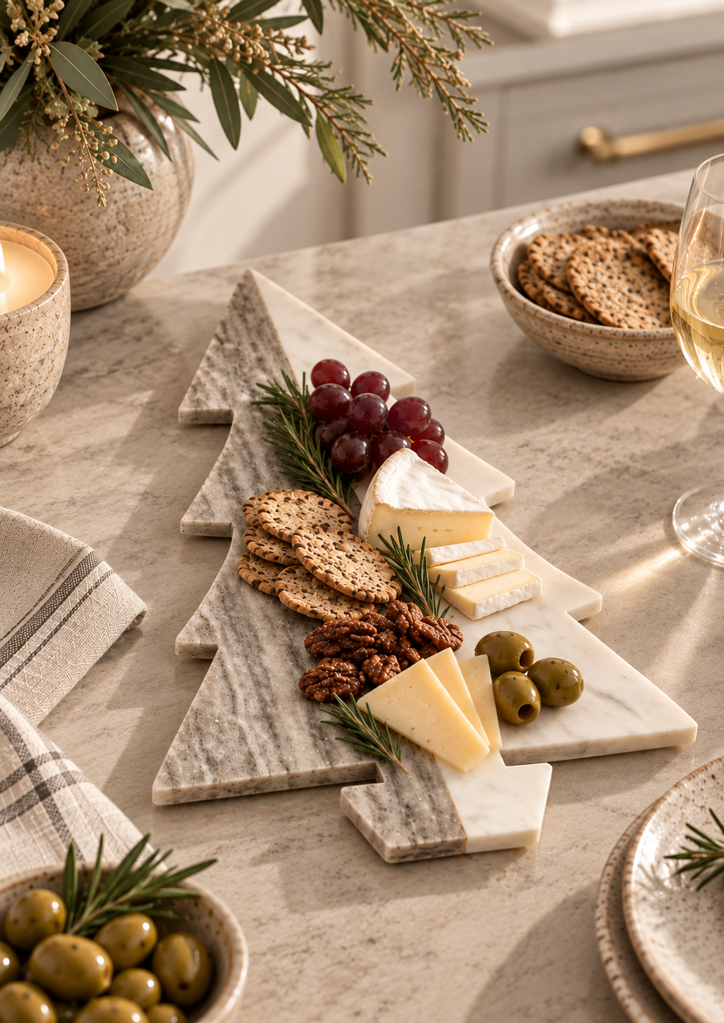 Tree-shaped gray and white marble cheese board styled with cheese, crackers, grapes, olives and rosemary for holiday entertaining.