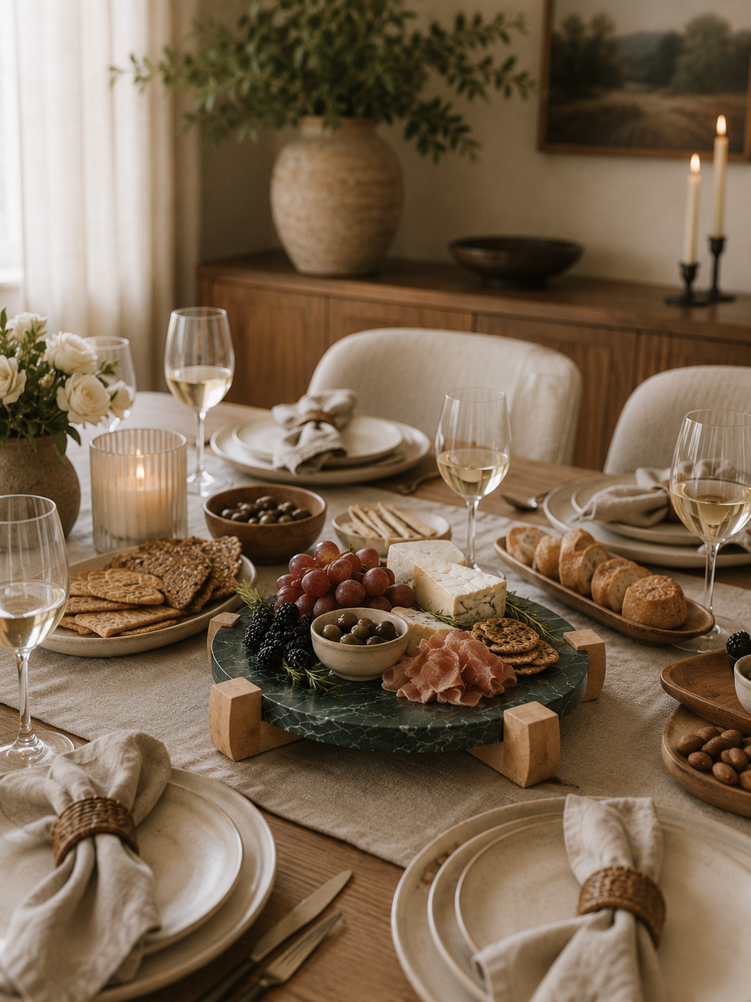 Round green marble serving board with mango wood stand styled as a charcuterie centerpiece on a modern dining table with artisan cheeses, cured meats, crackers, olives, wine glasses, candles, and neutral table décor.