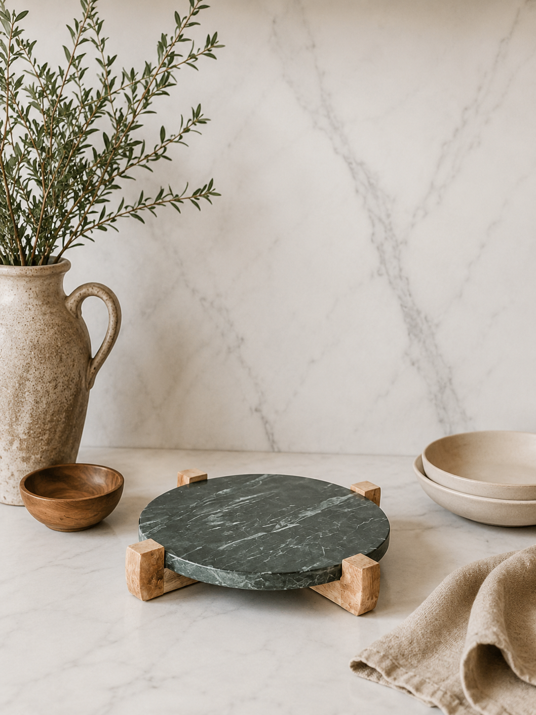 Round green marble serving board with a natural mango wood stand on a white marble background, showcasing a modern organic design for serving charcuterie, cheese, and appetizers.