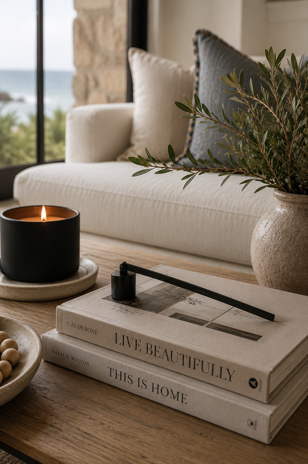 Matte black candle snuffer styled on a wood coffee table beside a lit candle, decorative bowl, and greenery in a modern California-inspired living room.