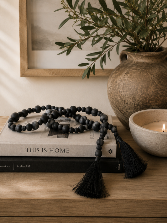 Black Wood Beaded Garland with Raffia Tassel