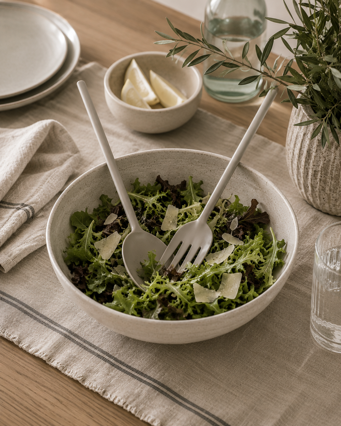 Matte gray stainless steel salad servers styled in a ceramic salad bowl with fresh greens on a modern California-inspired tablescape.