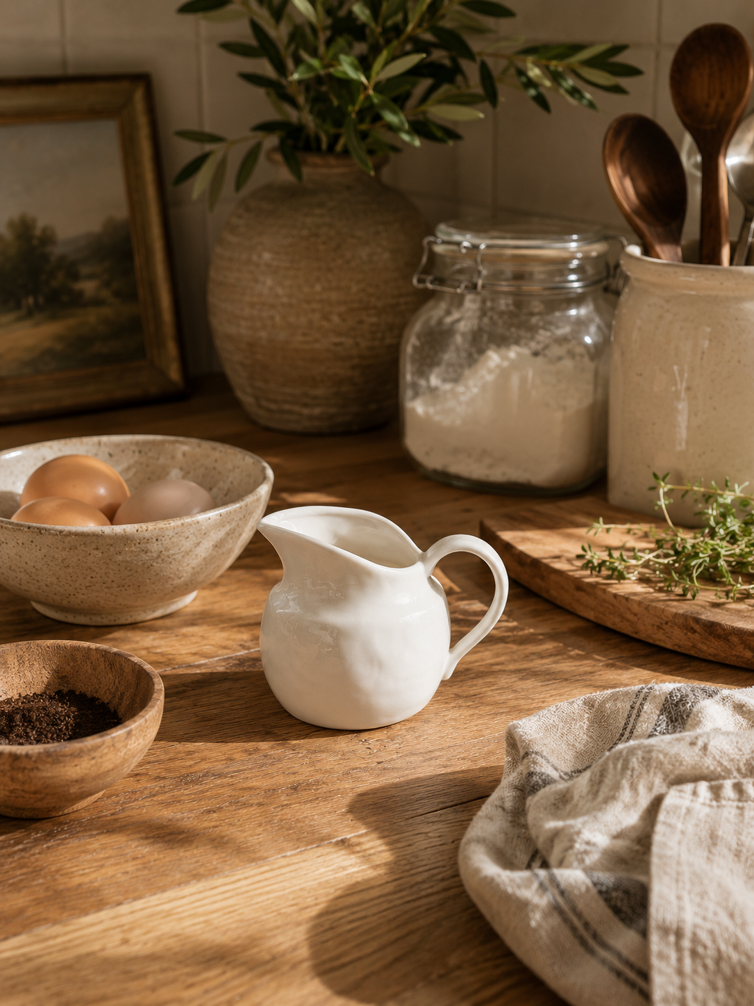 Rounded white ceramic creamer pitcher styled in a minimal editorial kitchen setting with layered neutral ceramics, soft linen textures, and warm natural light.