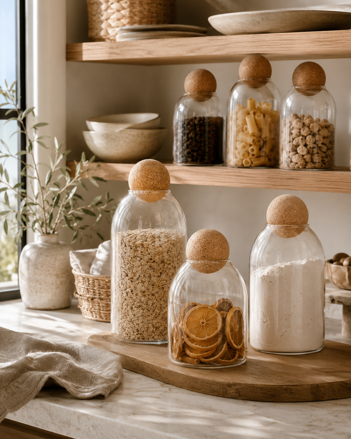 Minimal glass pantry storage jars with cork ball lids styled on a marble countertop in a bright organic modern kitchen