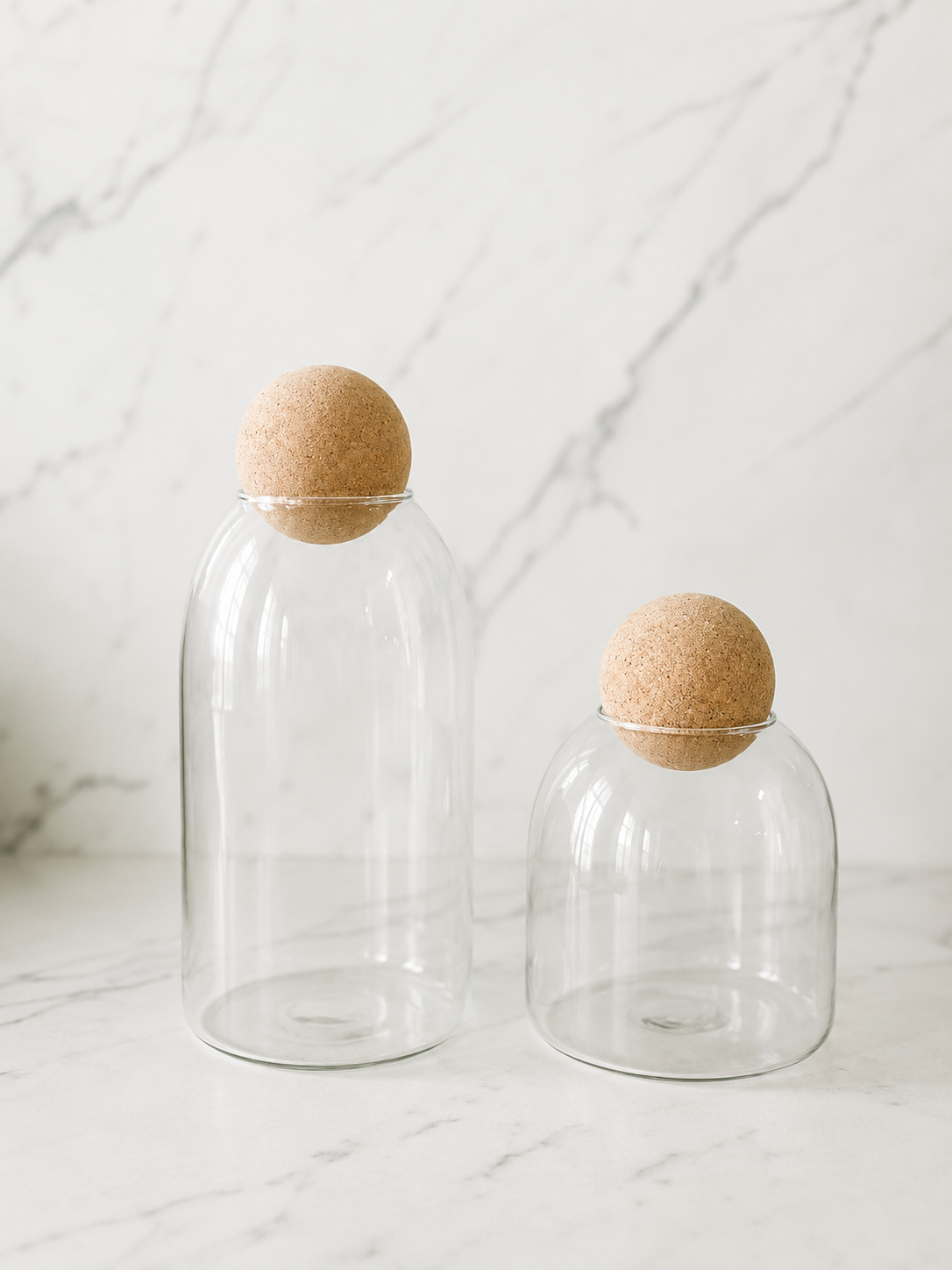 Tall and small modern clear glass pantry storage jar with sculptural natural cork ball lid on neutral studio background