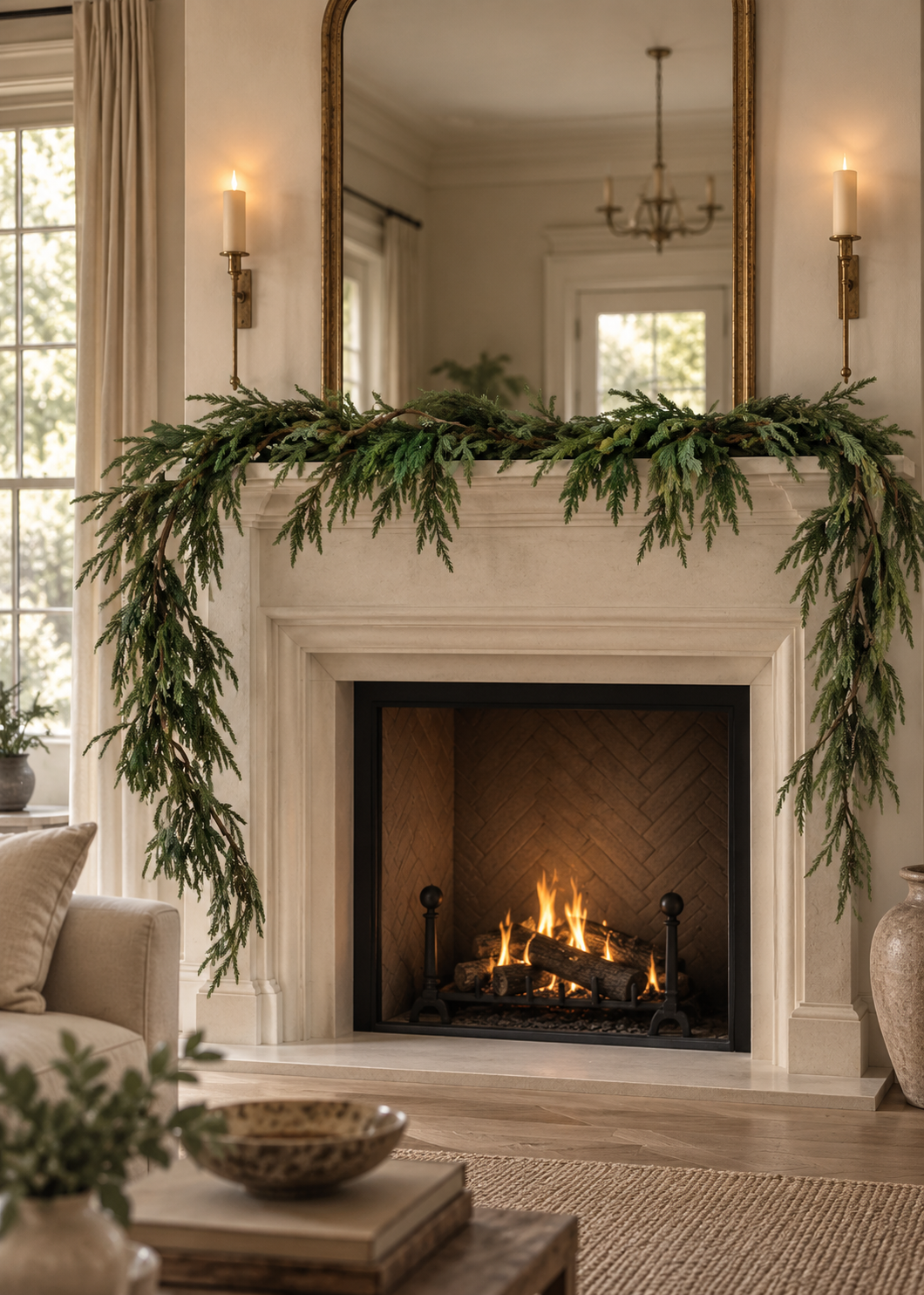 Norfolk pine garland draped across a stone fireplace mantel in a warm neutral Christmas living room.