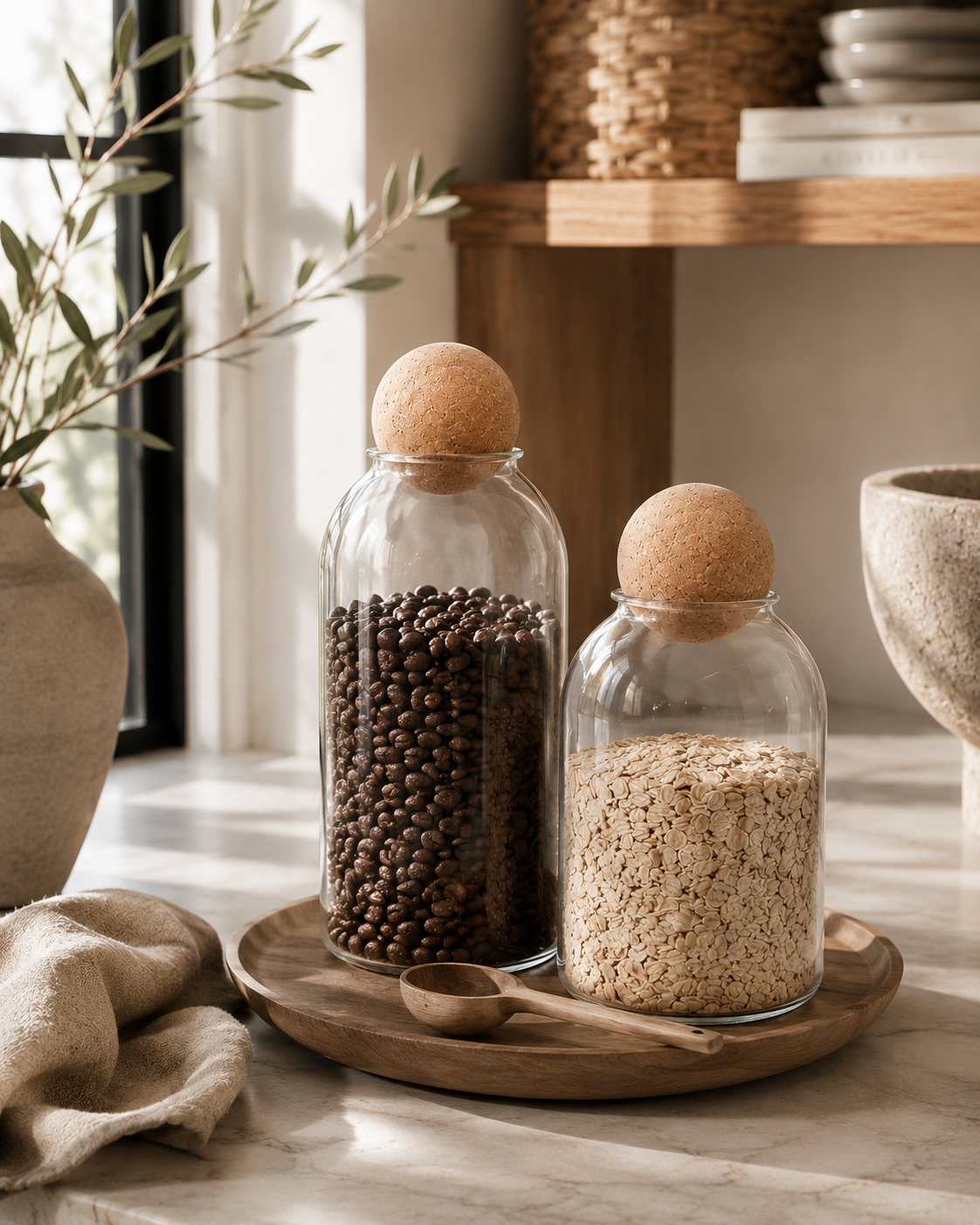 Luxury organic modern pantry shelf styling featuring clear glass storage jars with oversized cork ball lids and neutral kitchen decor