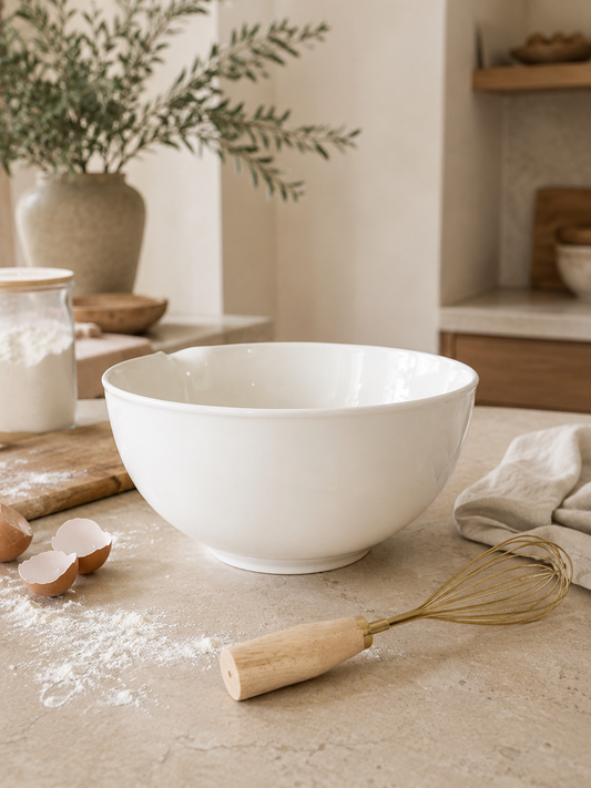White mixing bowl on a kitchen counter with flour and a whisk