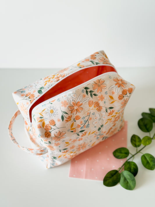 Handmade Peach Blossom Meadow boxy floral toiletry/project bag