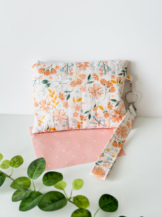 Medium Handmade Peach Blossom Meadow floral zipper pouch 