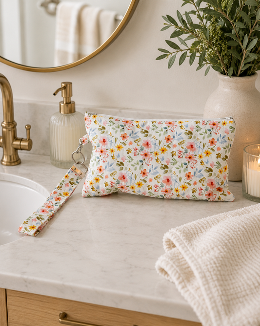 Petal & Posies quilted zipper pouch styled on a modern bathroom vanity with brass fixtures, a ceramic vase, greenery, and marble countertop.