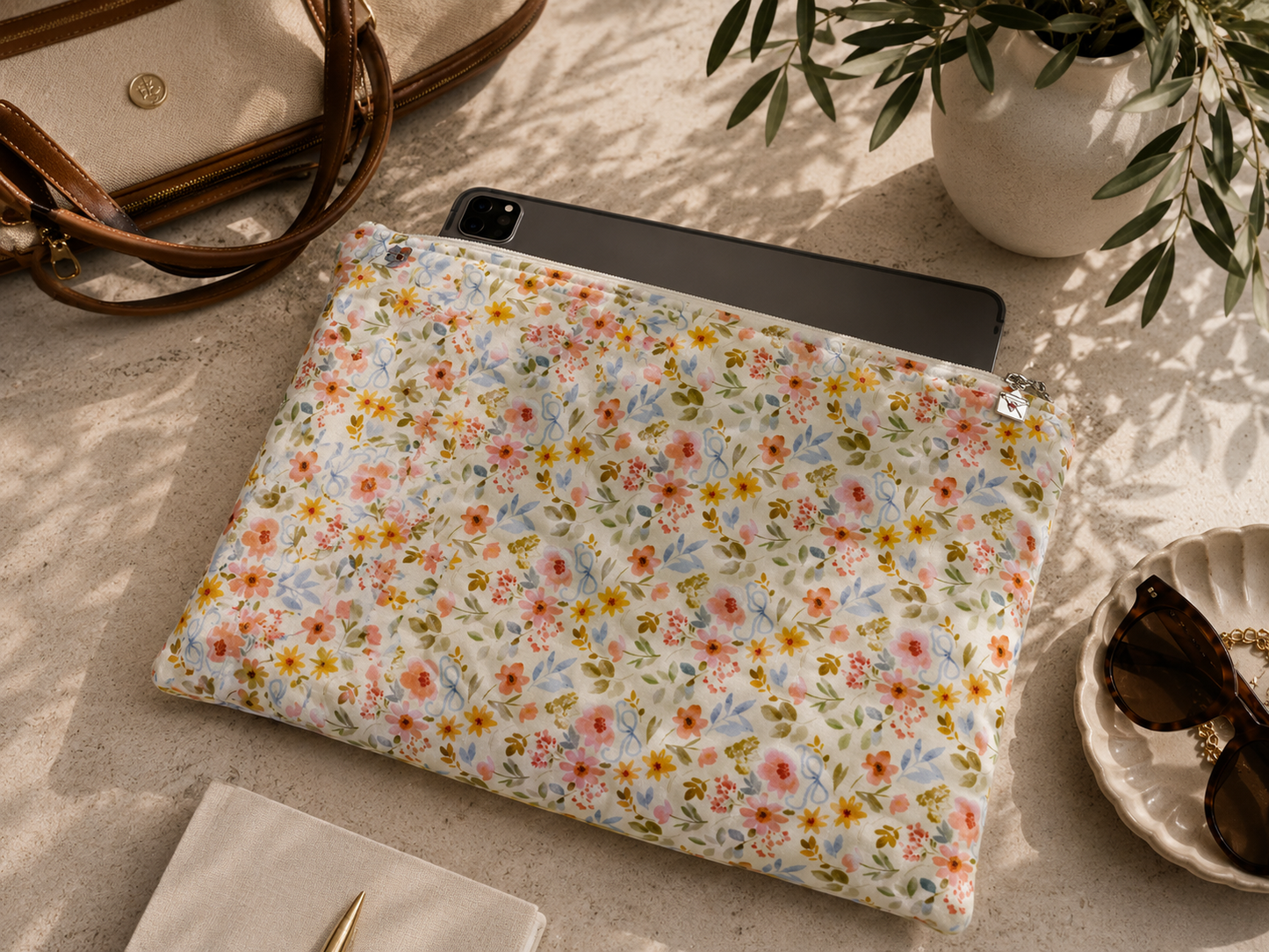Petals & Posies quilted tablet sleeve with tablet partially inserted, styled on a modern workspace with neutral accessories.