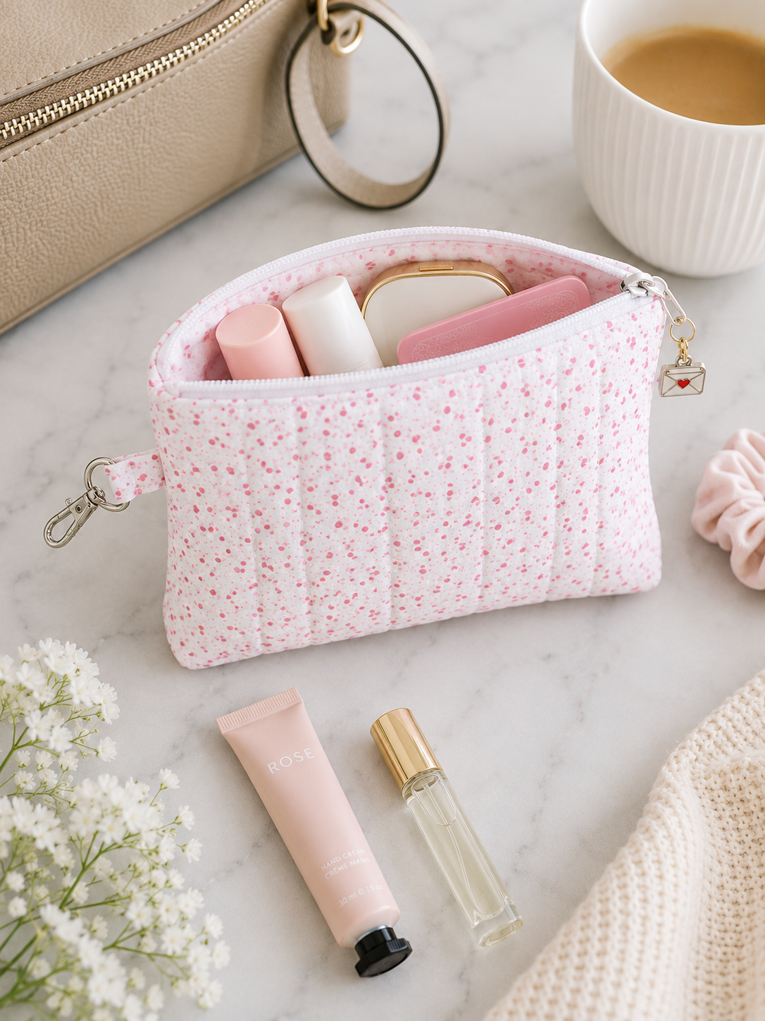 Pink floral quilted medium cosmetic pouch styled with beauty essentials and feminine neutral decor on marble surface