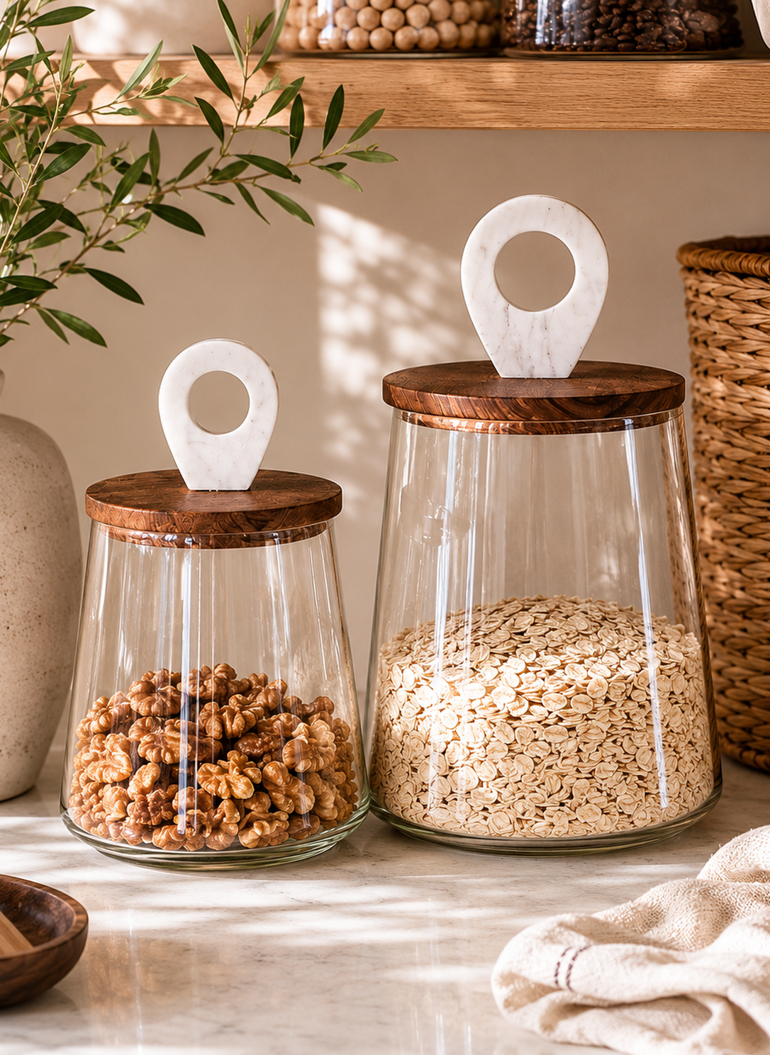Luxury glass pantry canisters with walnut wood lids and white marble handles styled with pasta and rice on marble countertop in California coastal kitchen