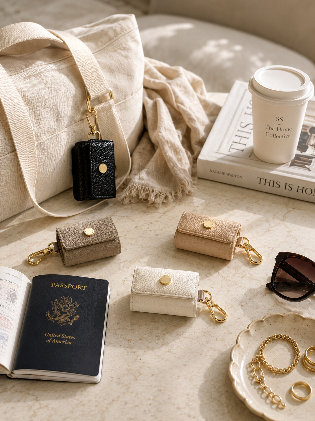 Neutral Katie Loxton AirPod cases styled in a luxury travel flat lay with a cream canvas tote, passport, coffee cup, sunglasses, gold jewelry, and marble surface in warm natural light.