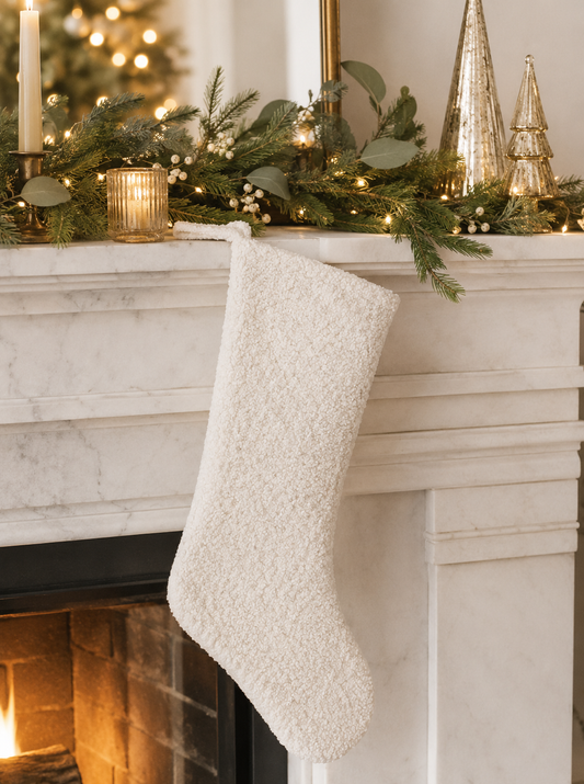 SS The Home Collective ivory bouclé Christmas stocking with hanging loop, featuring a soft textured fabric and minimalist holiday design.
