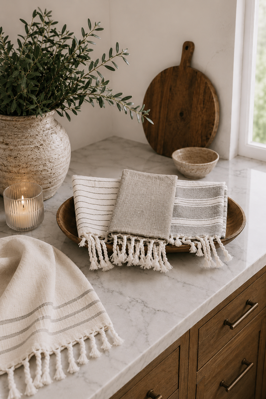 Set of three taupe and cream woven kitchen tea towels with tassel fringe styled on a wooden tray atop a marble countertop in a modern coastal kitchen.