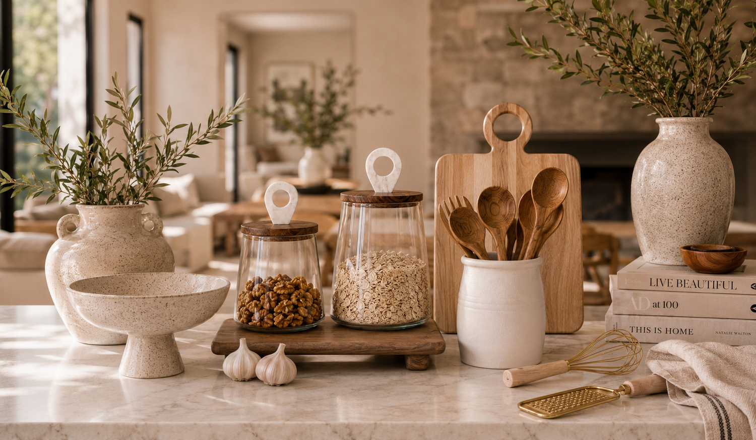 California coastal luxury kitchen banner featuring elevated neutral decor, artisan ceramics, marble textures, and curated home styling products.