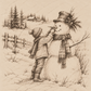 Vintage-style sepia ink sketch of a young boy decorating a snowman wearing a top hat and scarf in a winter landscape.