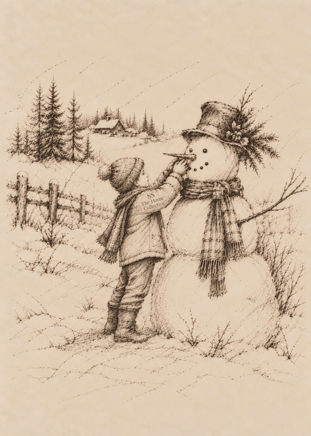Vintage-style sepia ink sketch of a young boy decorating a snowman wearing a top hat and scarf in a winter landscape.